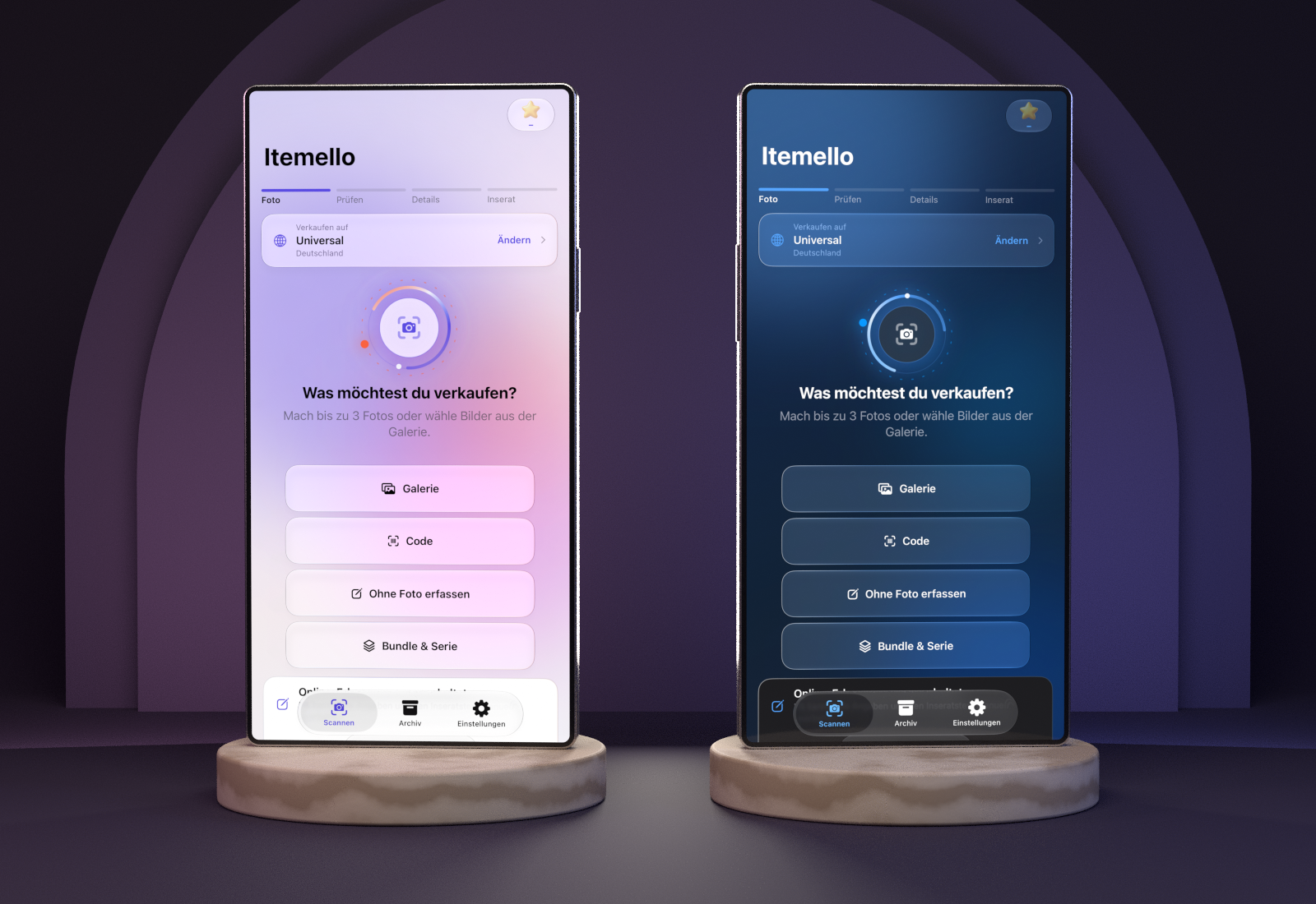 Der Itemello-Startbildschirm auf zwei Displays: links im Look Aurora, rechts im Look Dark Cosmos.